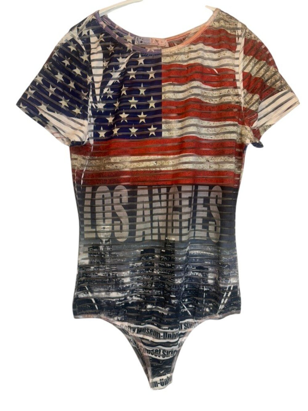 It Girl Los Angeles American Flag Mesh Bodysuit Sheer Patriotic Festival Size L